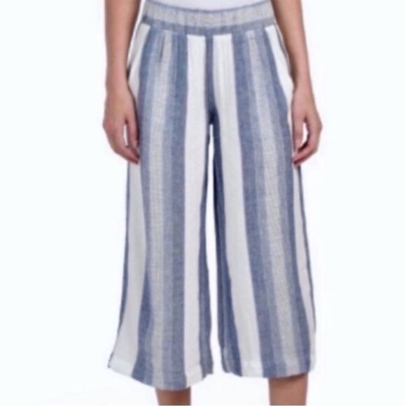 Cloth & Stone Wide Leg Cropped Pants Women’s Large Blue Striped Linen Blend - Picture 1 of 10